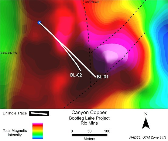 Location of drill holes and traces related to 2017 UAV Magnetic Survey