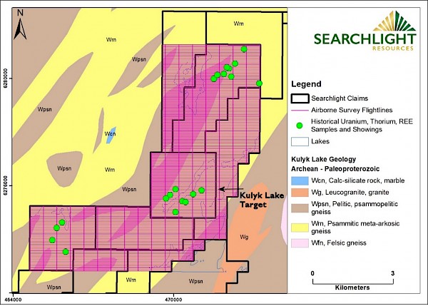 Map 3. Flightlines for 2021 Airborne Magnetic and Radiometric Surveys, Kulyk Lake Project, with Historical Showings