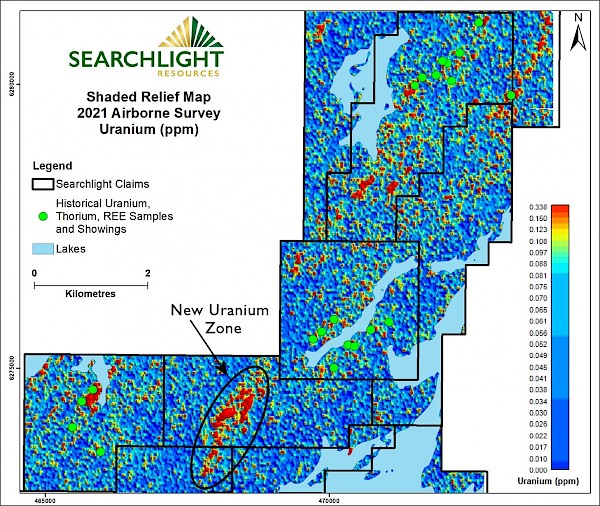 Map 5. Shaded Relief Map of Uranium from 2021 Airborne Survey, Kulyk Lake Project, with Historical Showings, and the newly identified anomalous uranium zone