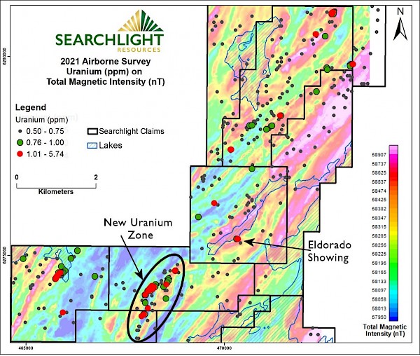 Map 4. Uranium (ppm) overlaid on Total Magnetic Intensity (nT), 2021 Airborne Survey, Kulyk Lake Project