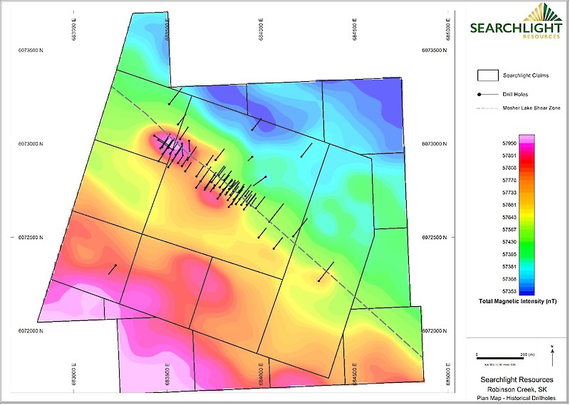 Map 1: Robinson Creek Gold Project – Historical Drill Holes overlaid on Total Magnetic Intensity (nT)