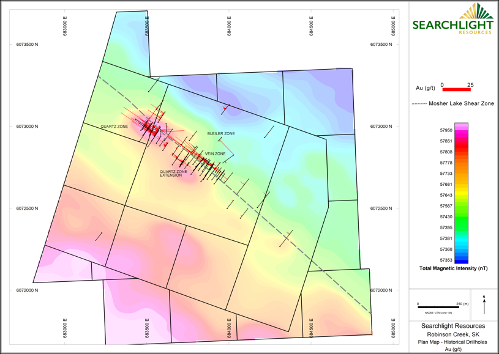 Map 1:  Robinson Creek Gold Project – Historical Drill Holes with Gold Grades, overlaid on 2021 Total Magnetic Intensity
