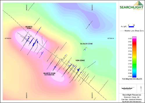 Map 2:  Robinson Creek Gold Project – Historical Drill Holes with Significant Gold Intersections, overlaid on 2021 Total Magnetic Intensity